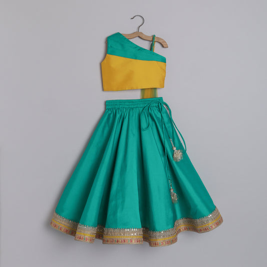 Girls Teal Green With Yellow And Teal Color Blocked One Shoulder Blouse With A Fashionable One Shoulder Drape - funlittleones.com