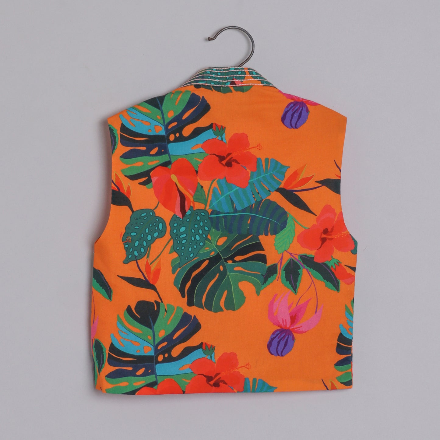 Boys Indian Pintex Orange Kurta With Hibiscus Printed Sleeveless Jacket And Pyjama - funlittleones.com