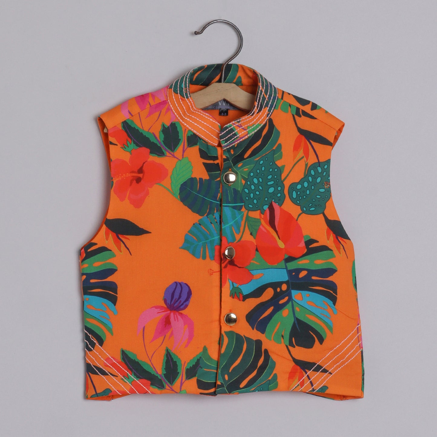 Boys Indian Pintex Orange Kurta With Hibiscus Printed Sleeveless Jacket And Pyjama - funlittleones.com