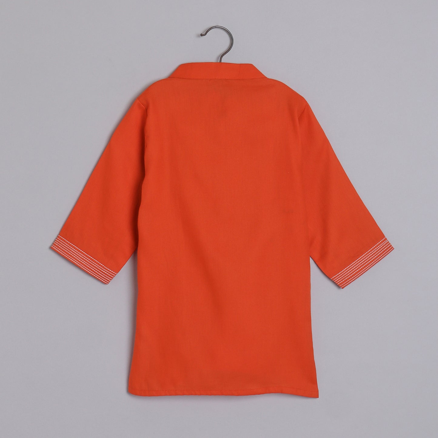 Boys Indian Pintex Orange Kurta With Hibiscus Printed Sleeveless Jacket And Pyjama - funlittleones.com