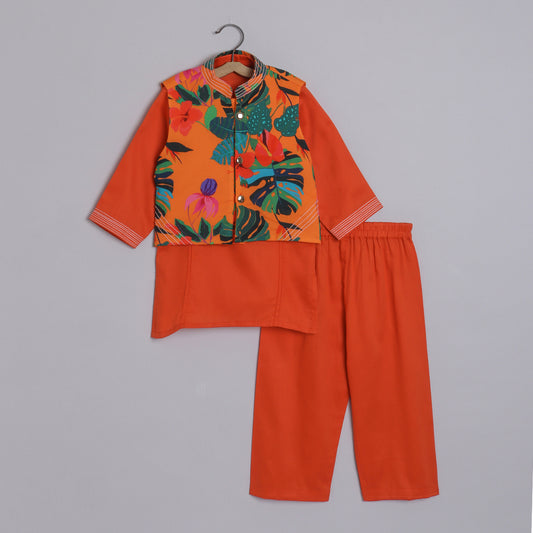 Boys Indian Pintex Orange Kurta With Hibiscus Printed Sleeveless Jacket And Pyjama - funlittleones.com