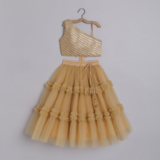 Girls Embroidered Beige One Shoulder Top And Ruffle Lehenga - funlittleones.com