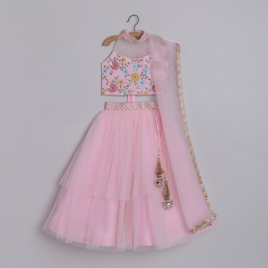 Girls Gorgeous Hand Embroidered Blouse And Layered Lehenga With Dupatta - funlittleones.com