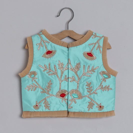 Girls Adorable Light Blue Top And Gota Lace Work Flared Lehenga With Beige Dupatta - funlittleones.com