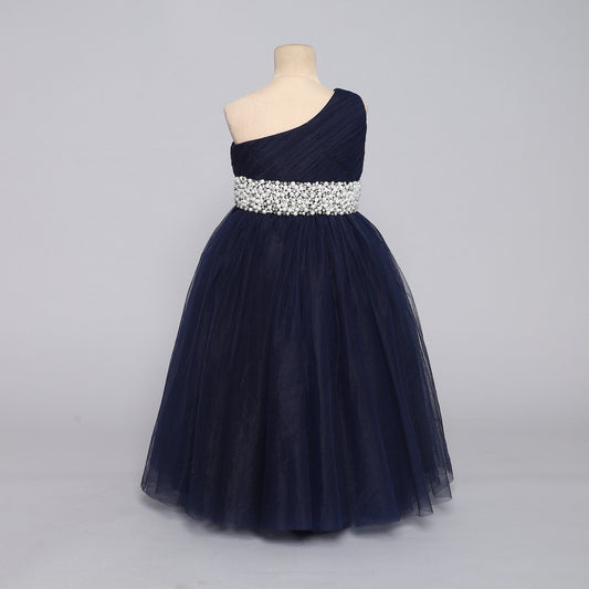 Girls Georgeous Embroiderd Waist Navy Blue Gown - funlittleones.com