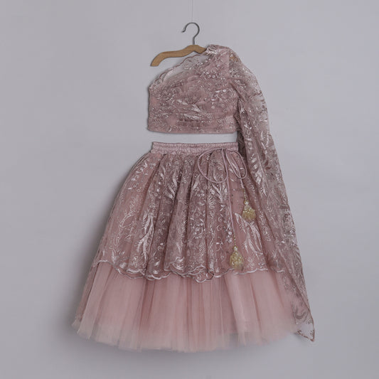 Girls Glamorous Dusky Pink Drape Blouse And Lehenga - funlittleones.com