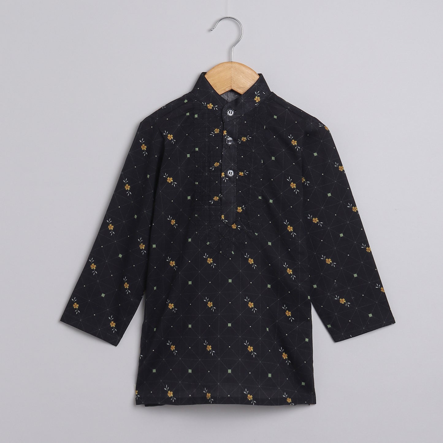 Boys Black Printed Kurta Jacket And Pyjama Set - funlittleones.com
