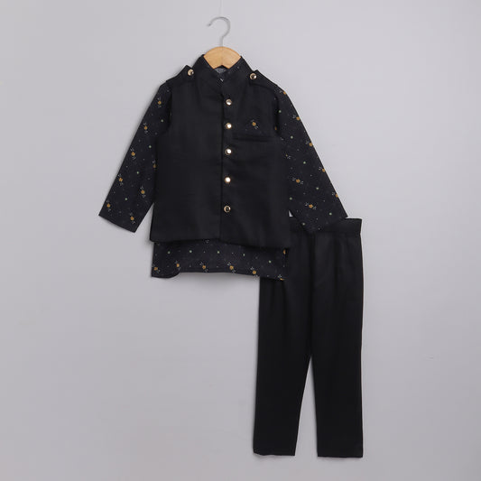 Boys Black Printed Kurta Jacket And Pyjama Set - funlittleones.com