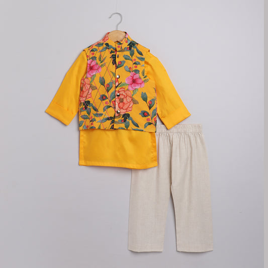 Boys Yellow Ocher Kurta Jacket And Pyjama - funlittleones.com