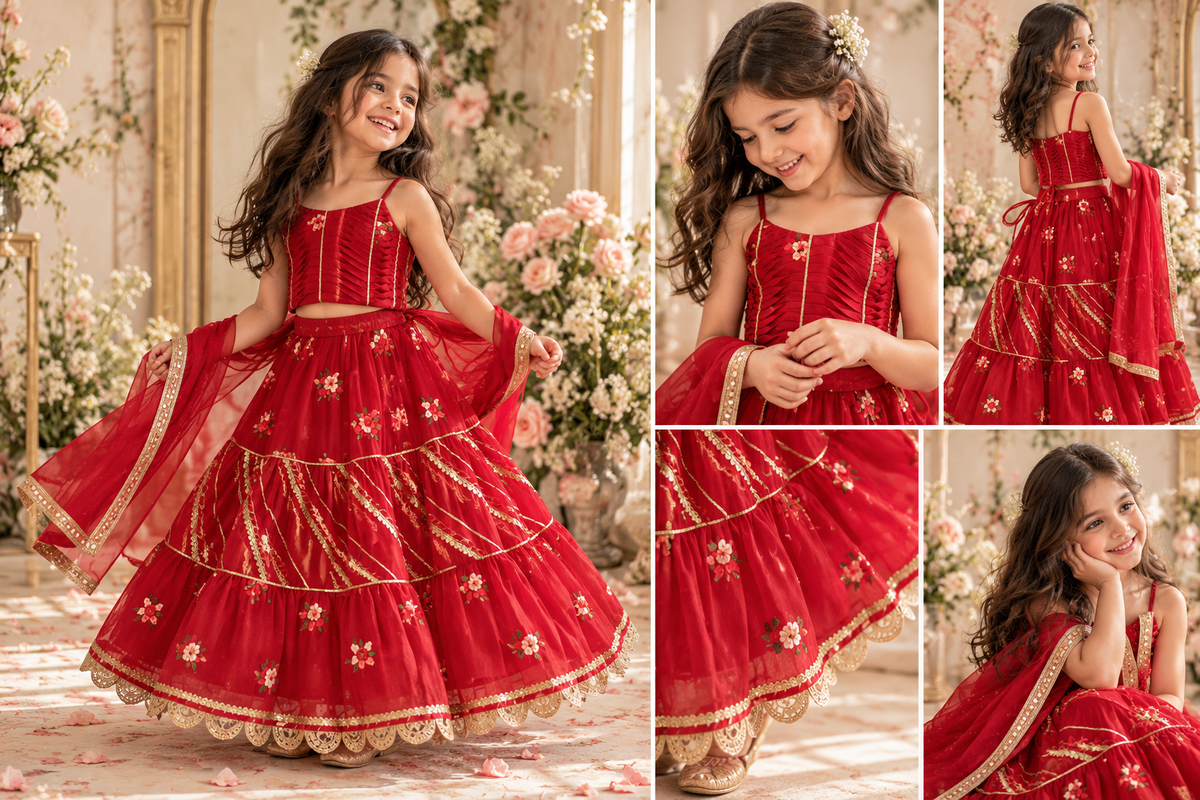 Ruby Red Lehenga Choli Set With Thread Work