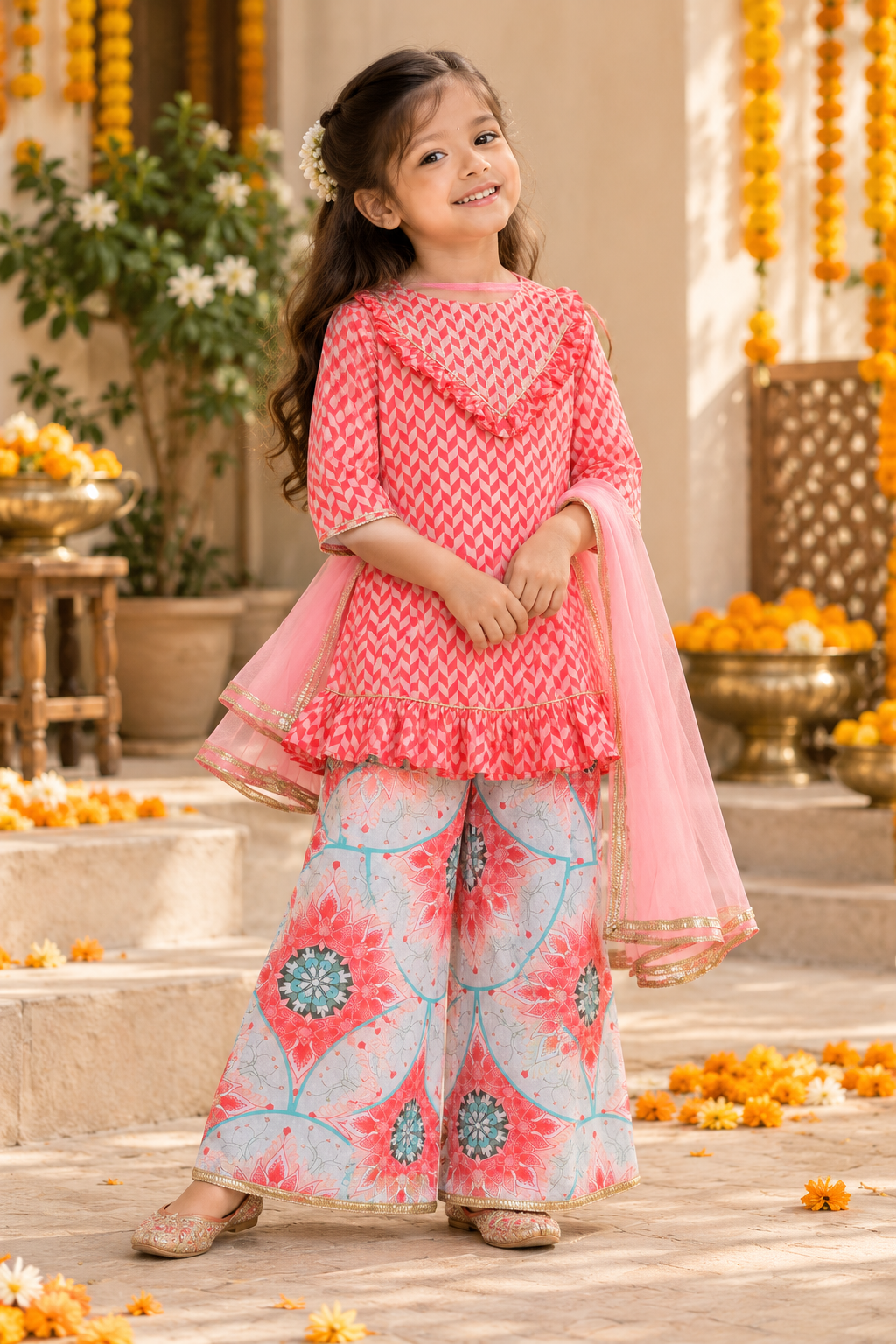 Cotton Blossom Kurta With Flared Bottom For Girls