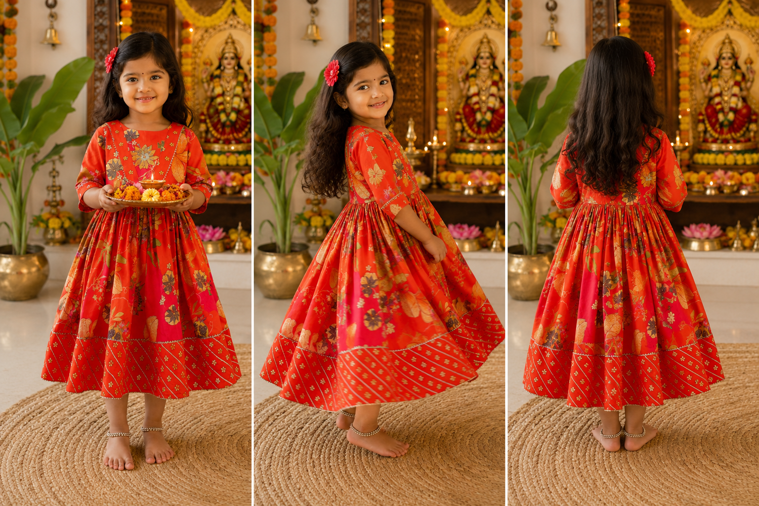 A girls wear red cotton printed dress for pooja