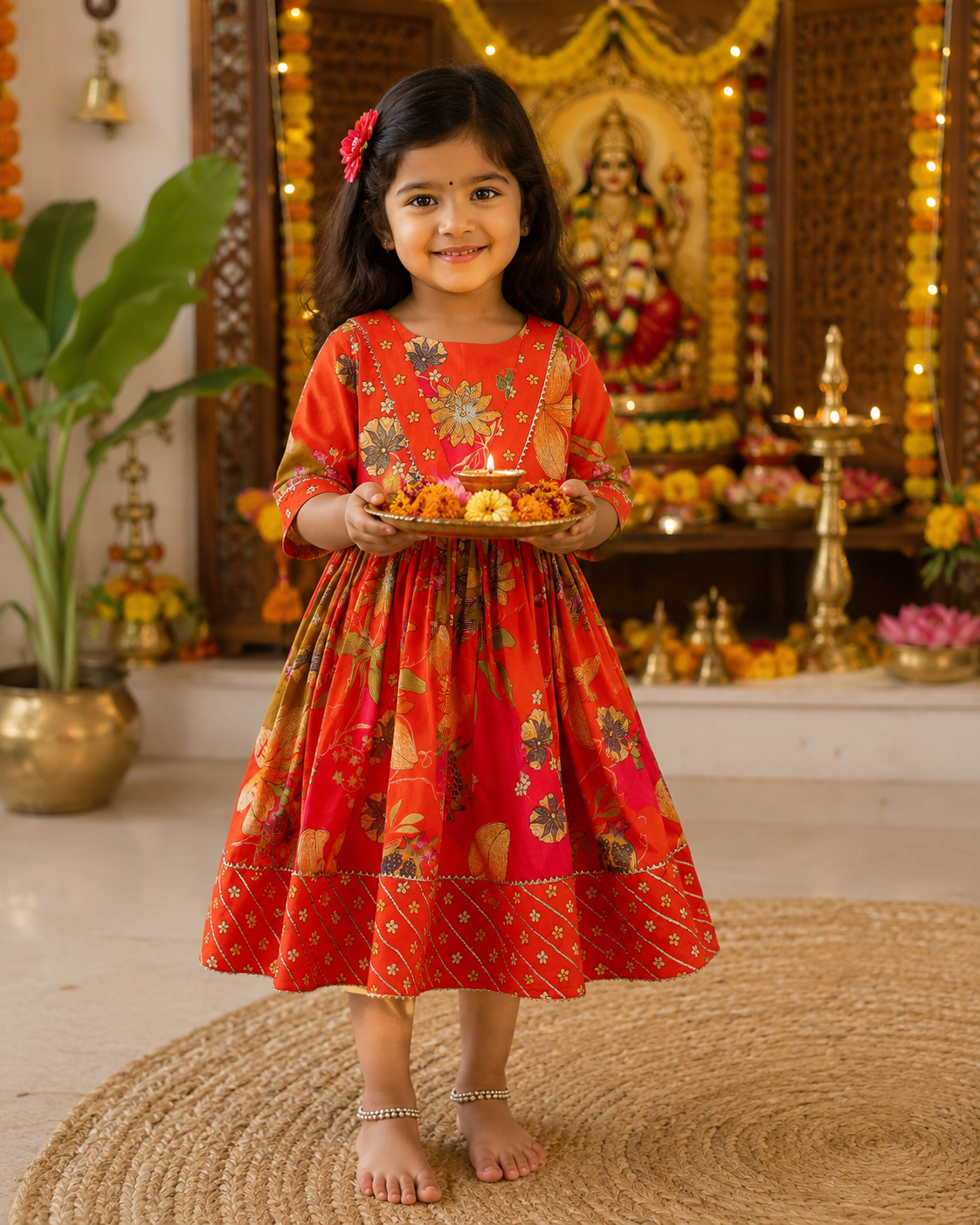 Girl Wearing Red Floral Dress For a Pooja 