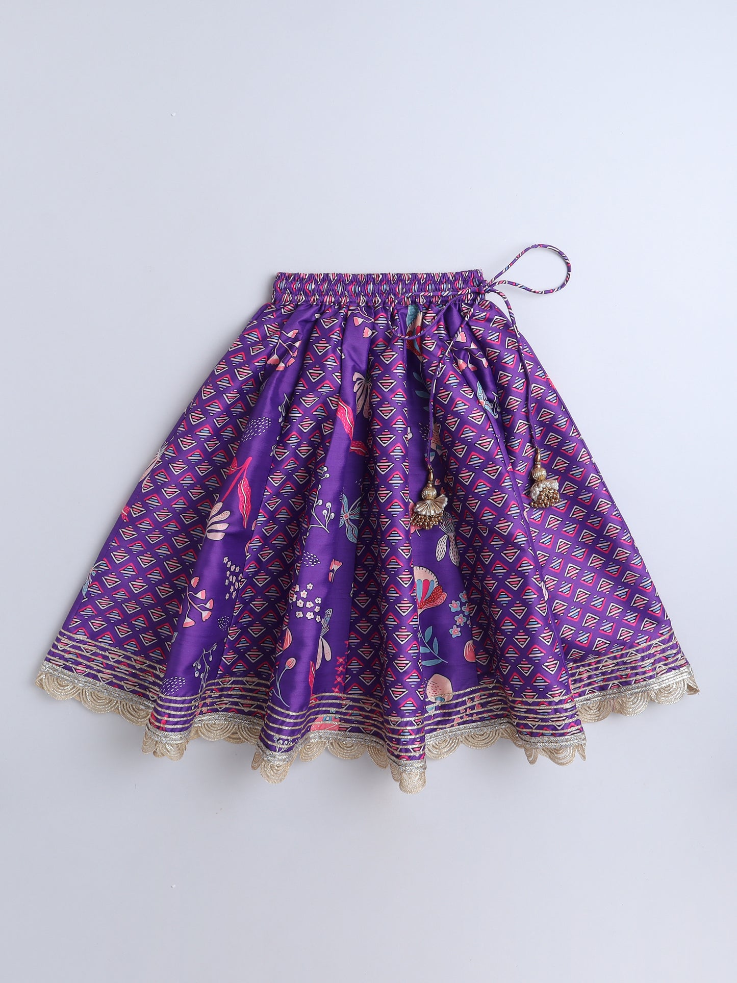 Purple Geometric & Floral Printed Lehenga Choli Set for Girls