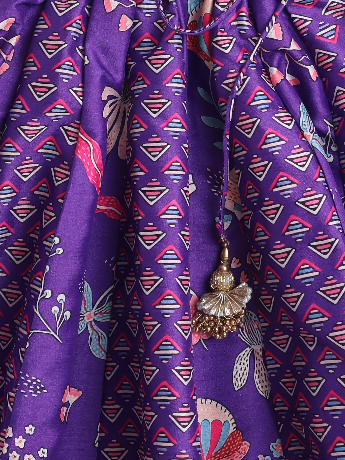 Purple Geometric & Floral Printed Lehenga Choli Set for Girls