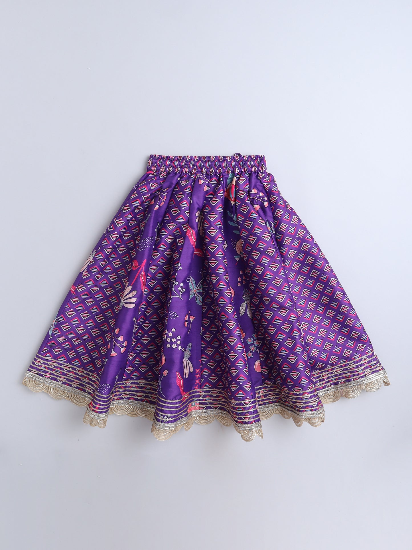 Purple Geometric & Floral Printed Lehenga Choli Set for Girls