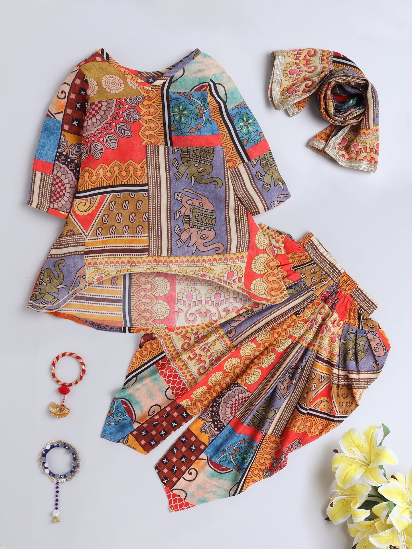 vibrant multicolor kurta and dhoti set for girls