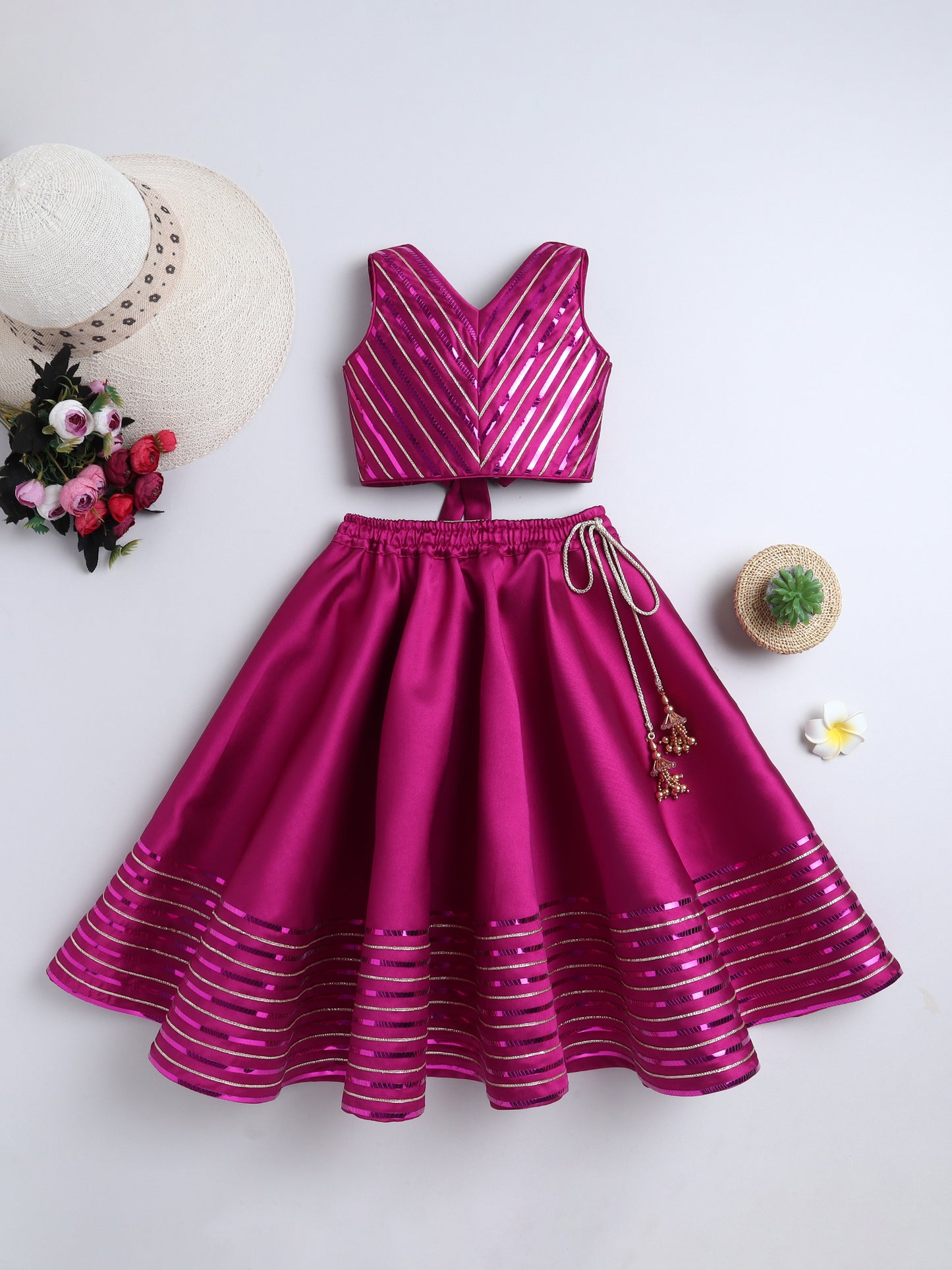 Magenta Twill Organza Lehenga Choli Set For Girls