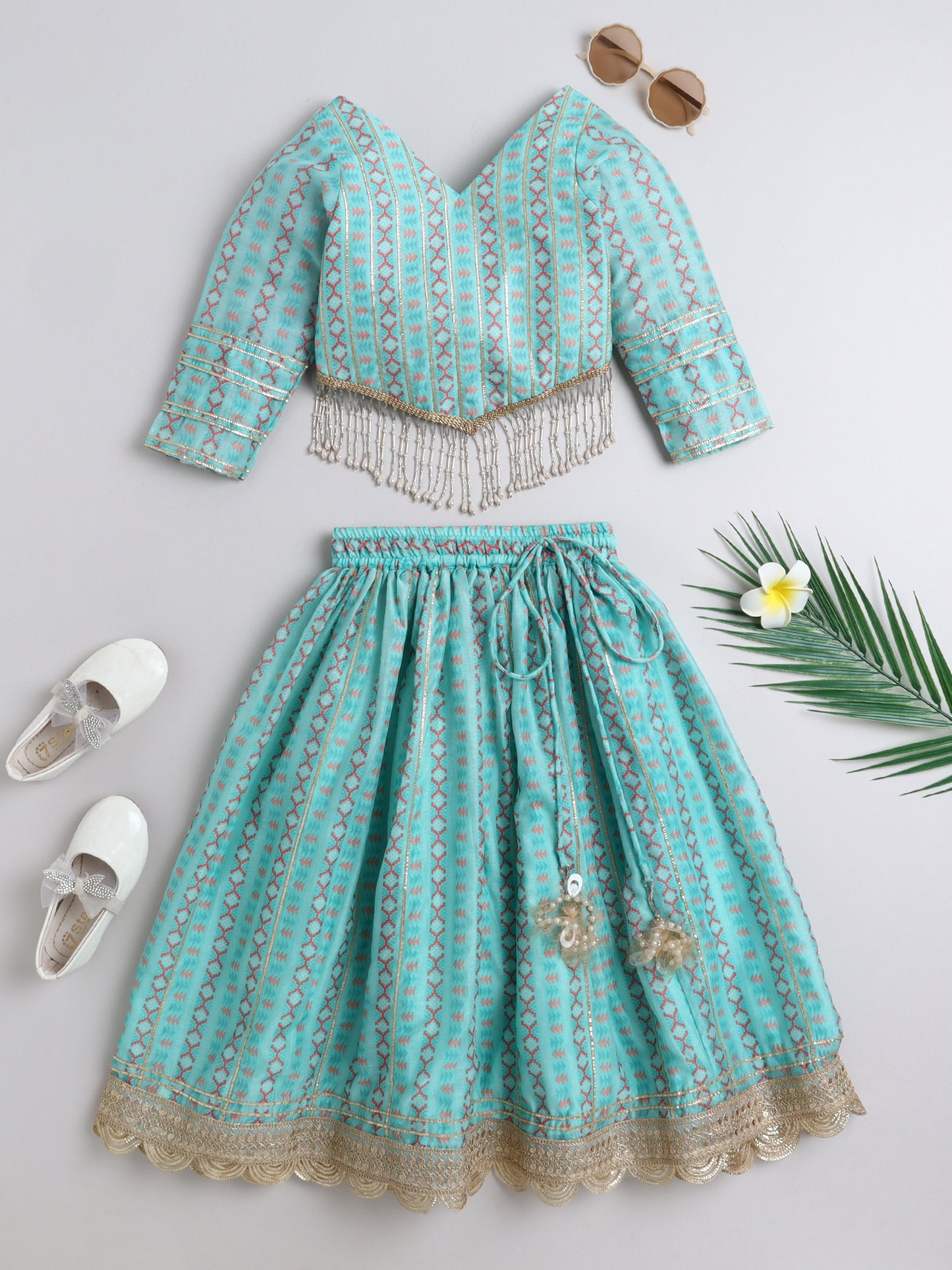 Light Aqua Blue Chanderi Lehenga Choli Set for Girls