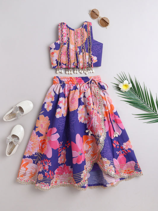 Girls Purple Floral Cotton Lehenga For Girls - funlittleones.com