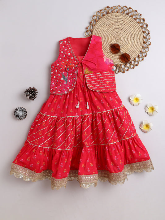 Pink Floral Printed Dress and Jacket for Girls
