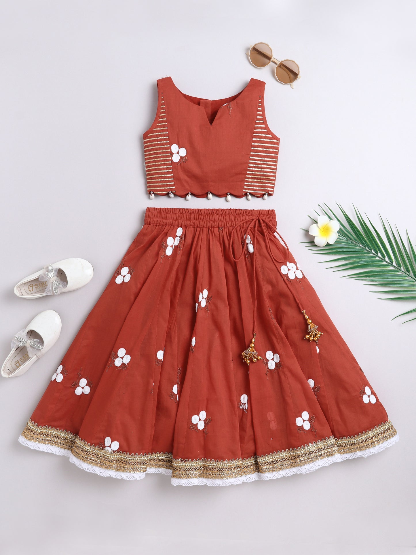 Red Embroidered Cotton Lehenga Choli Set For Girls