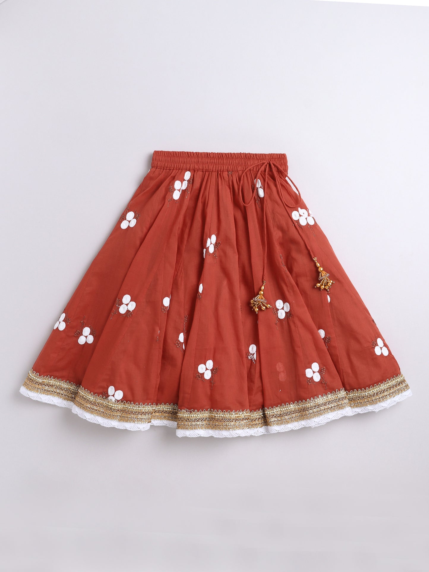 Red Embroidered Cotton Lehenga Choli Set For Girls