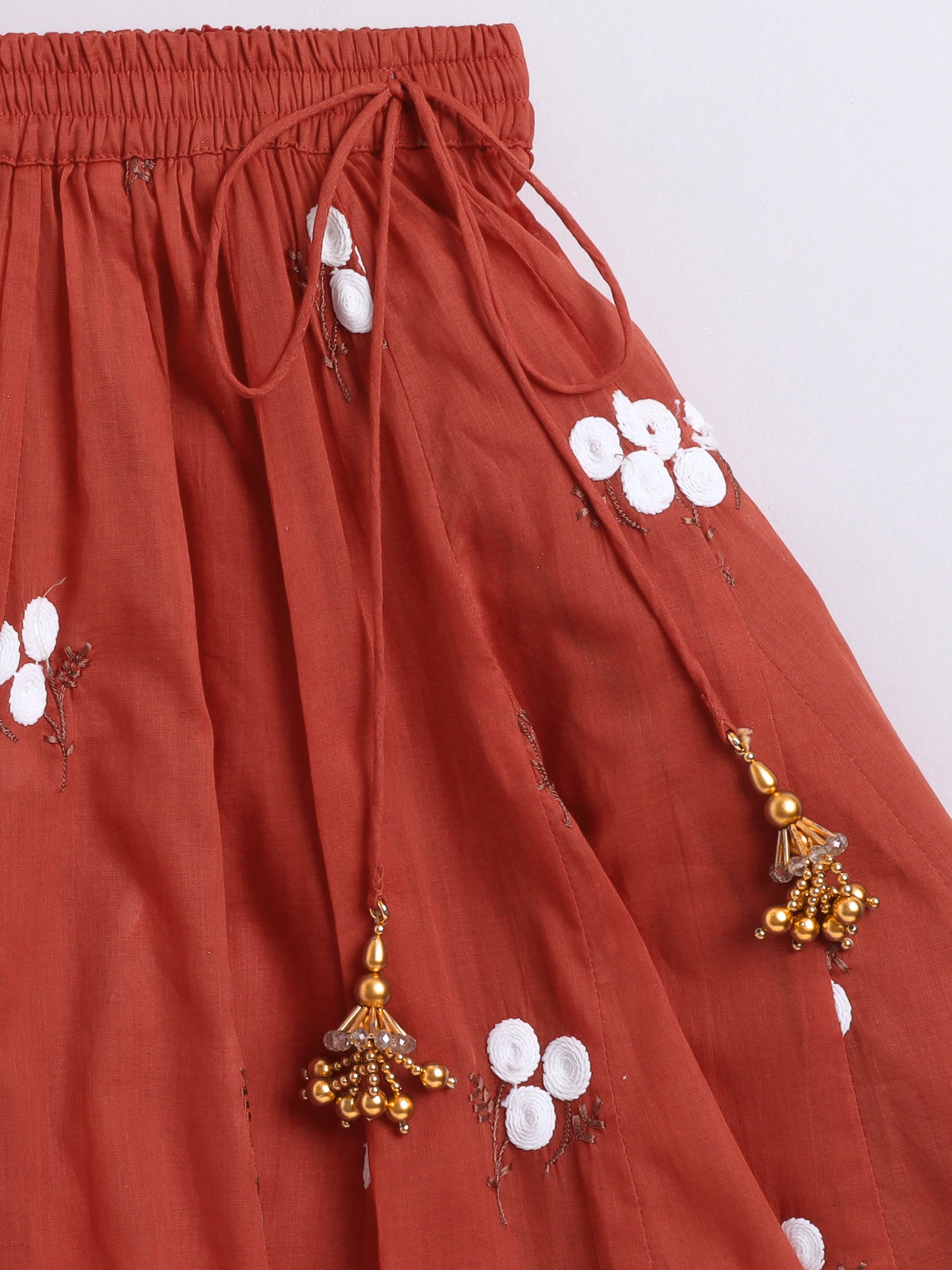 Red Embroidered Cotton Lehenga Choli Set For Girls