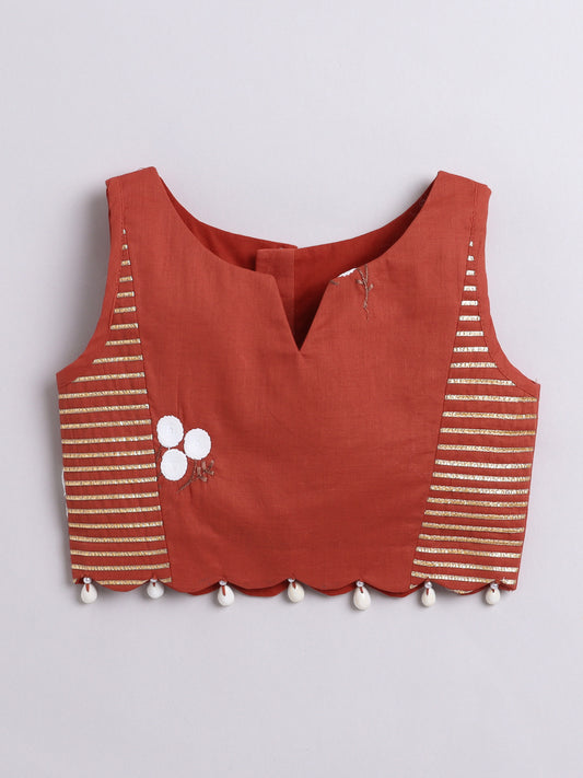 Red Embroidered Cotton Lehenga Choli Set For Girls