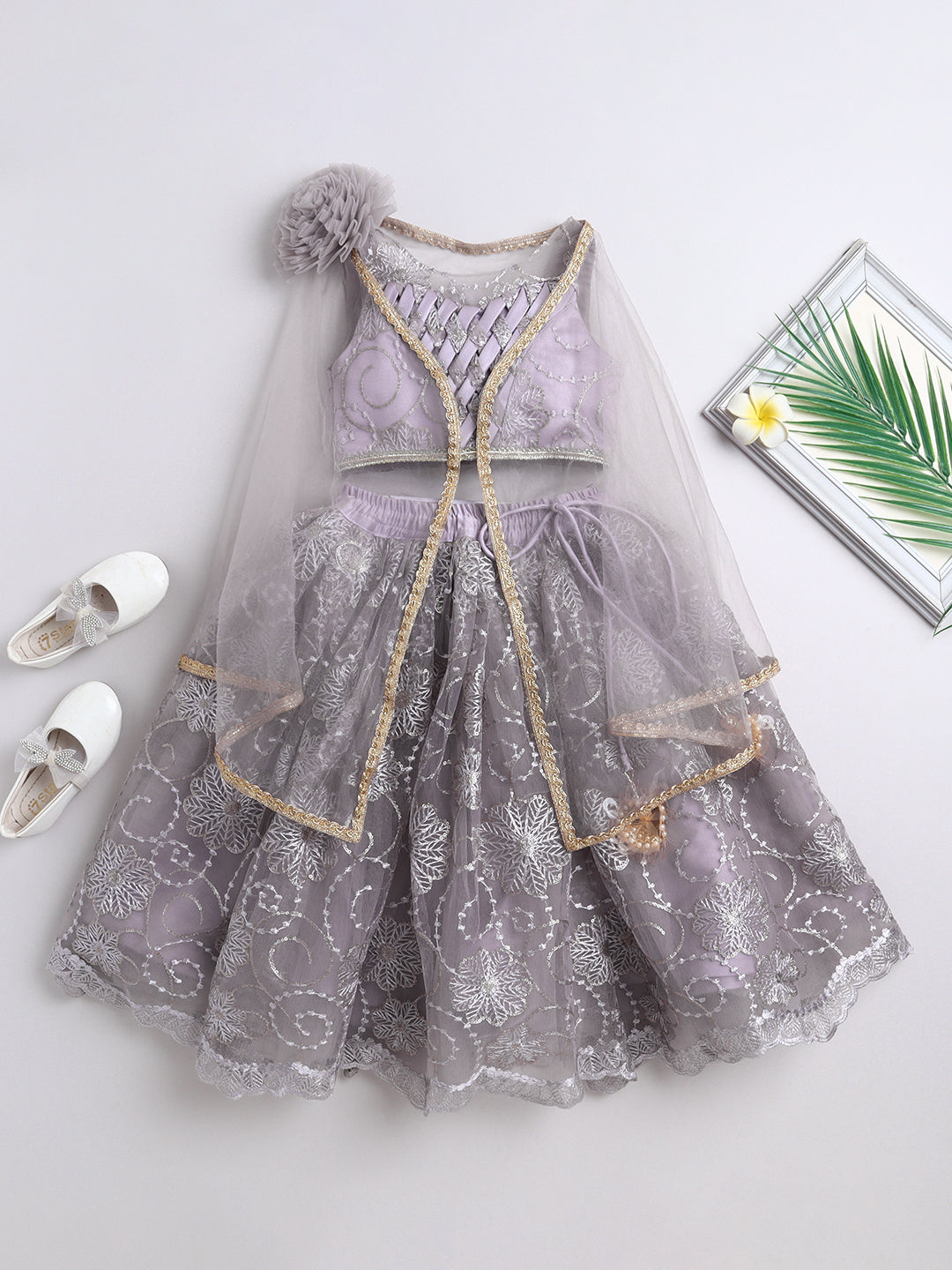 Lavender Net Embroidered Lehenga Choli Set For Girls
