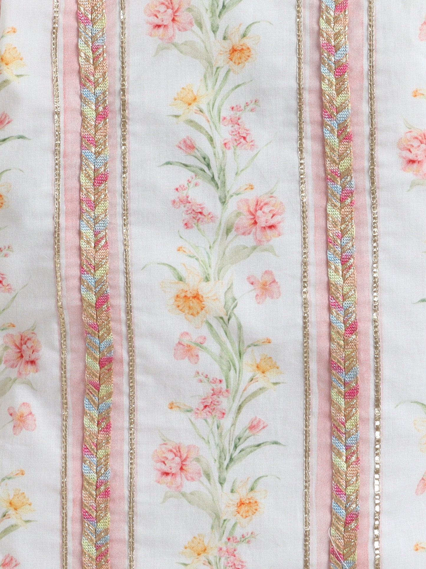 Floral patterned fabric with decorative stripes on a light background