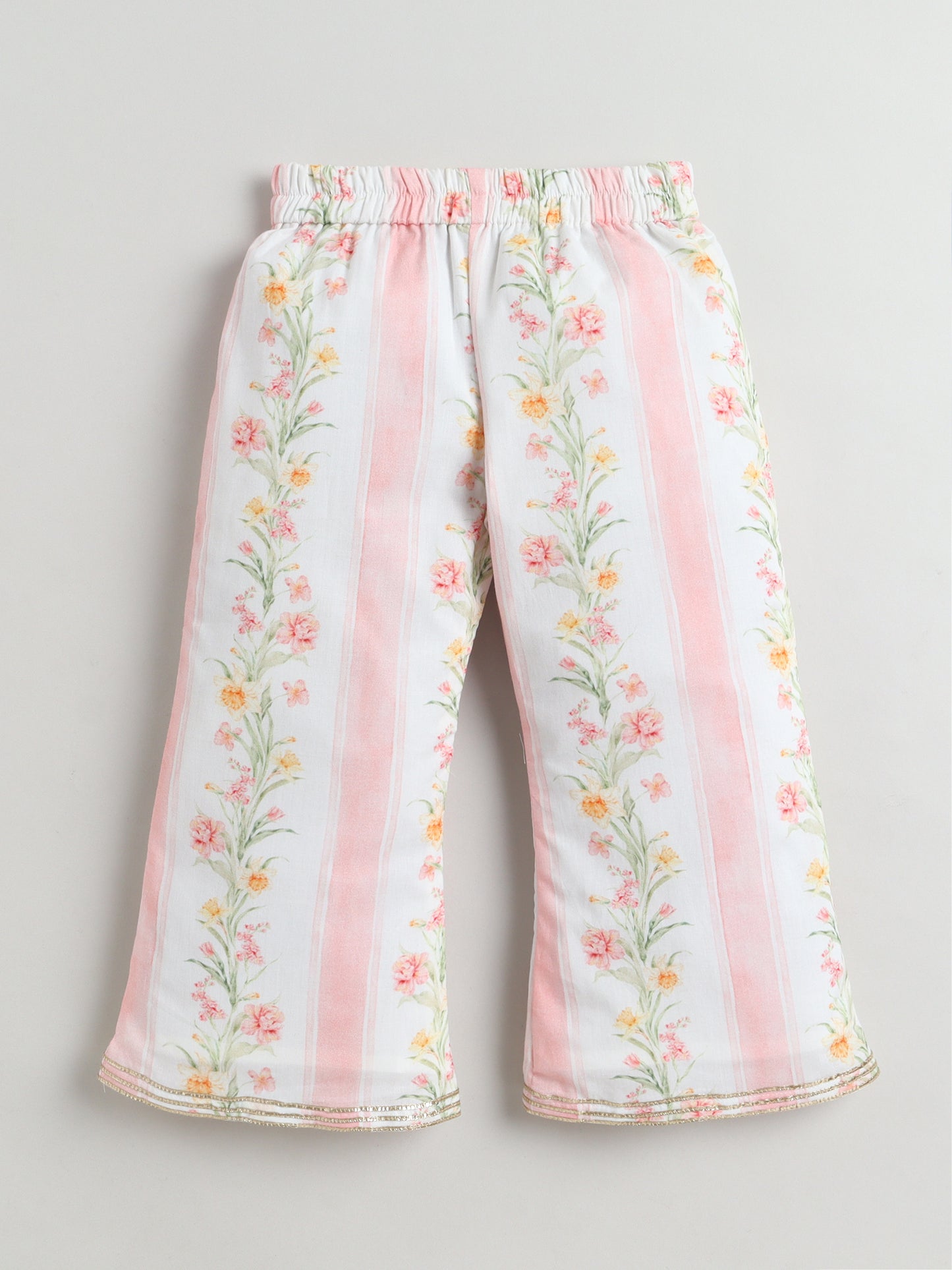 Floral-patterned pants with pink stripes on a light gray background