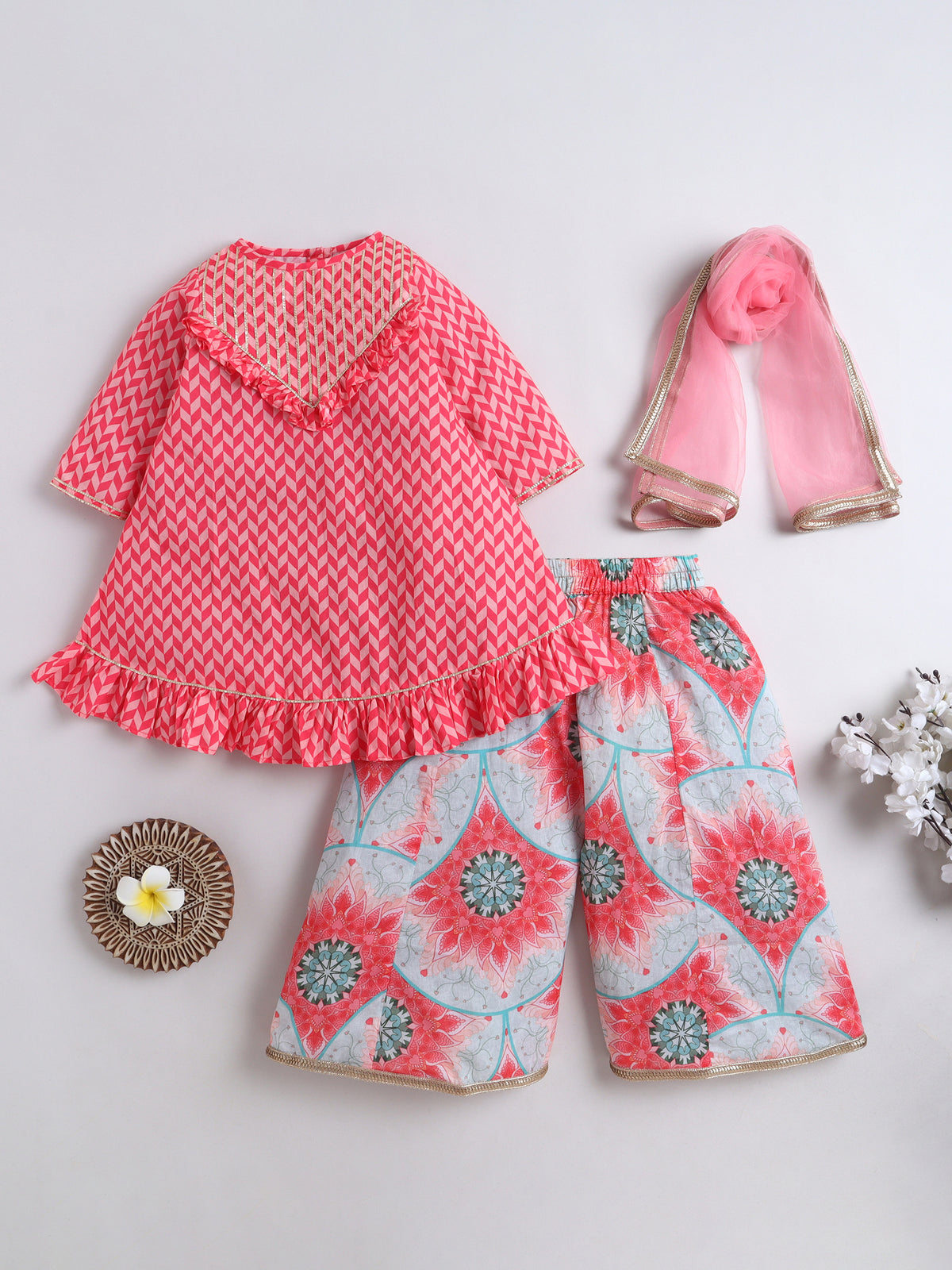 Cotton Blossom Kurta With Flared Bottom For Girls