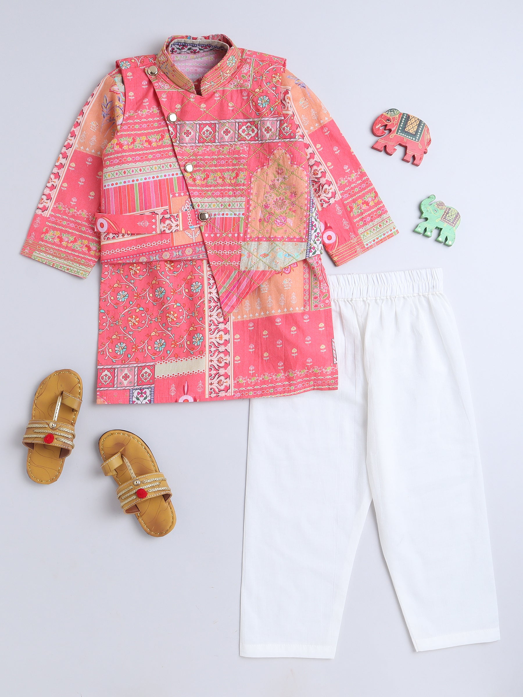 Vibrant Coral Printed Asymmetrical Jacket & White Pajama Set for Boys - funlittleones.com