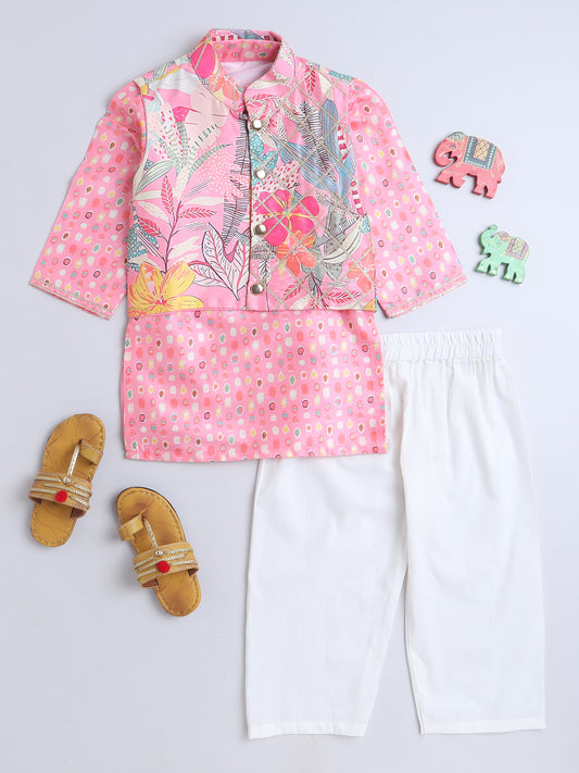 Pink Floral Printed Kurta Pajama Set for Boys