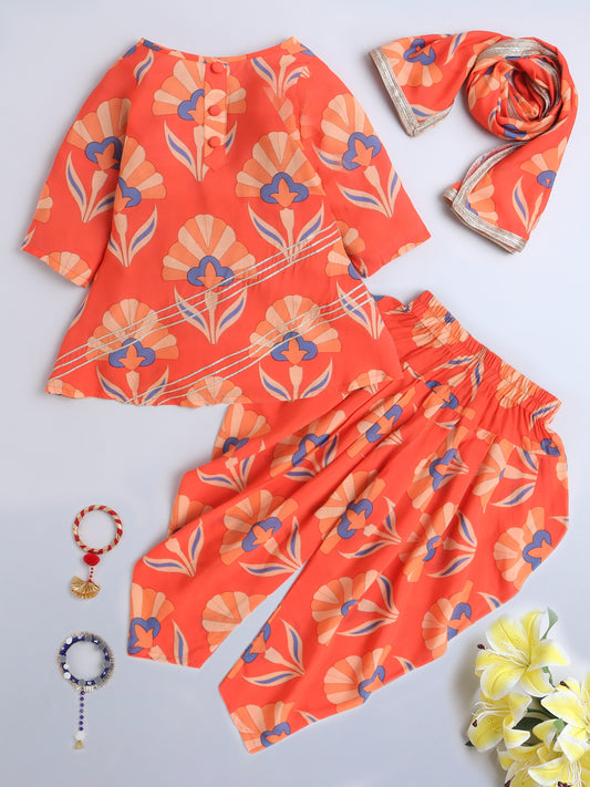 Orange Floral Print Kurta Set For Girls