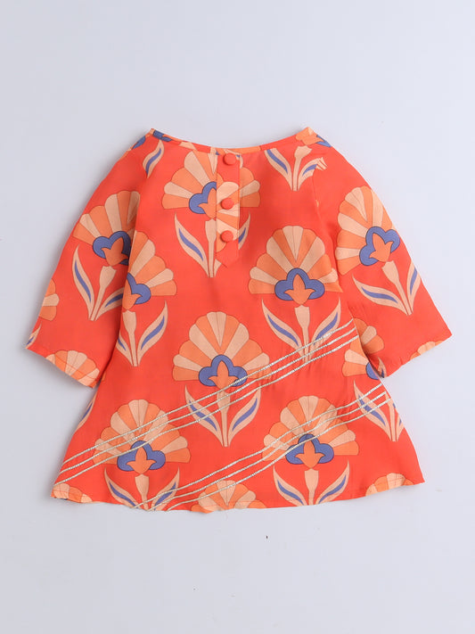 Orange Floral Print Kurta Set For Girls