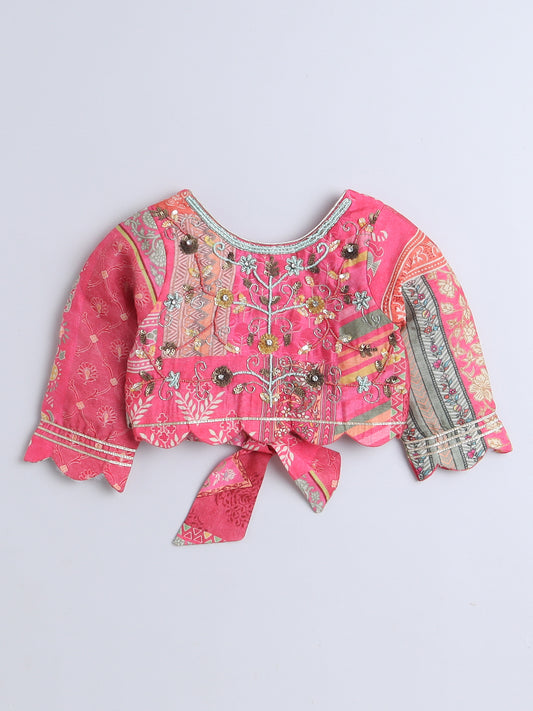 Printed Pink Floral Embroidered Lehenga Blouse Set For Girls