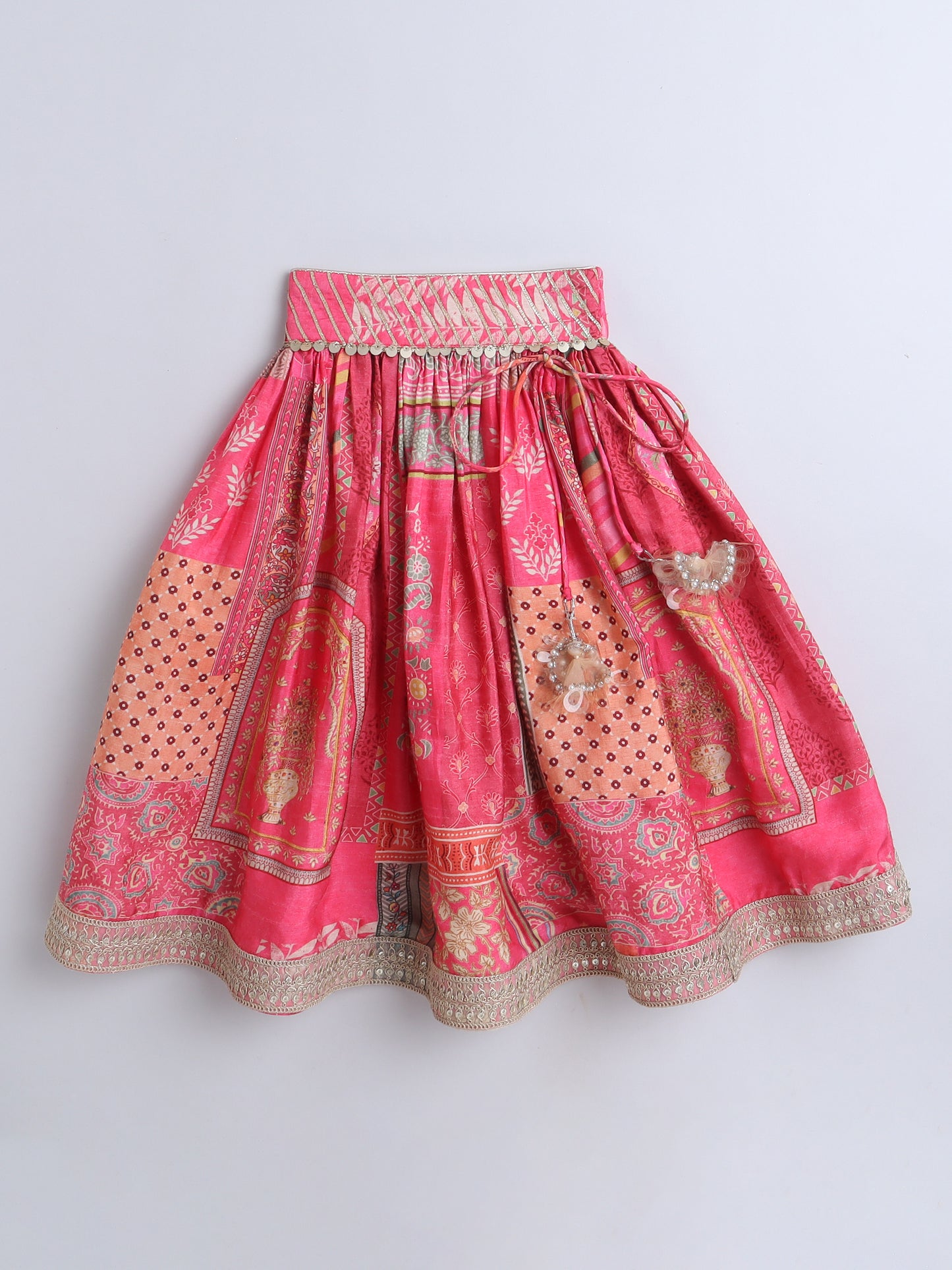 Printed Pink Floral Embroidered Lehenga Blouse Set For Girls