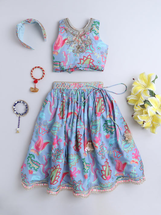 Floral Embroidered Blue Lehenga & Blouse Set For Set
