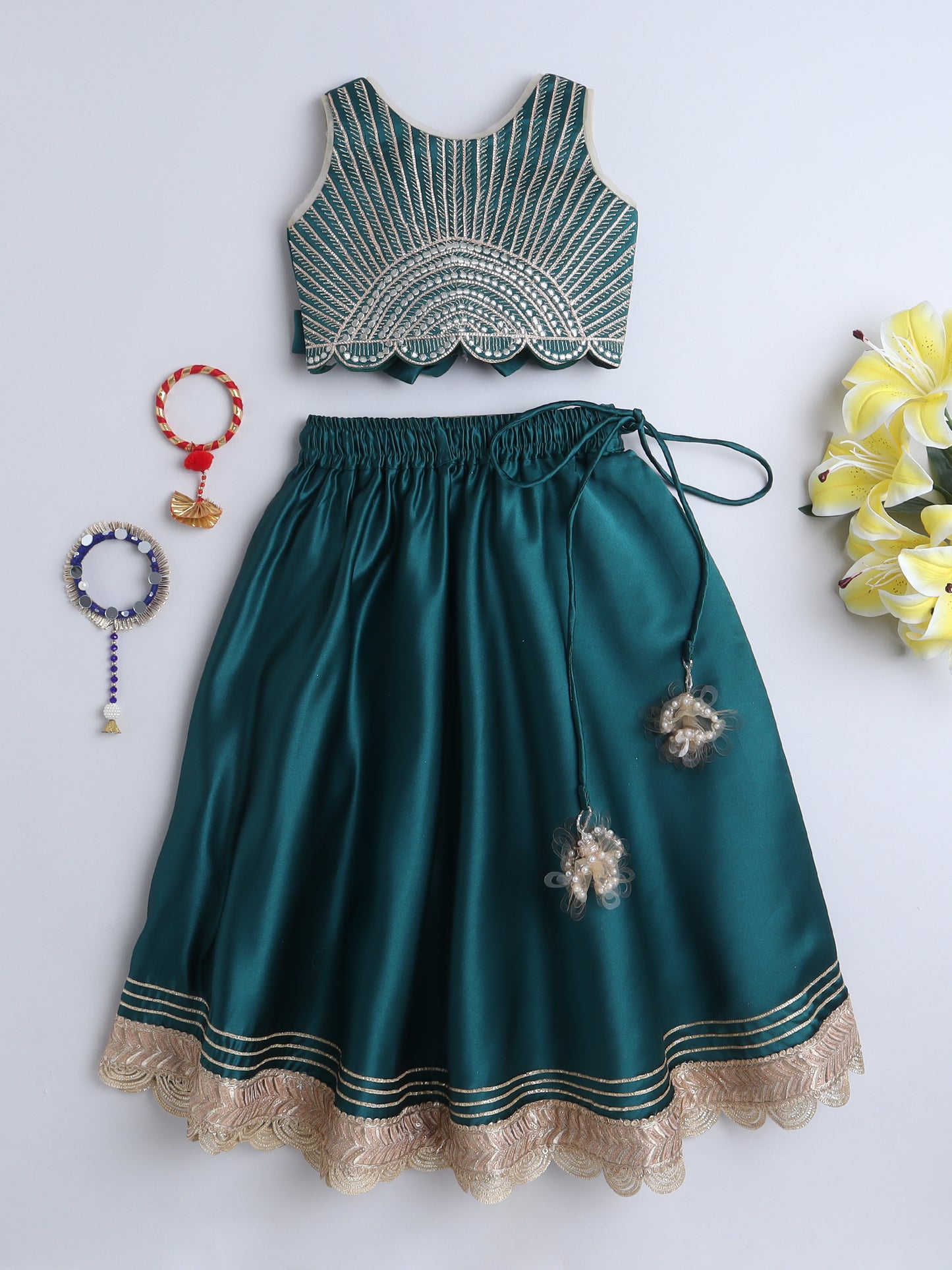 Green Embroidered Lehenga Choli Set for Girls