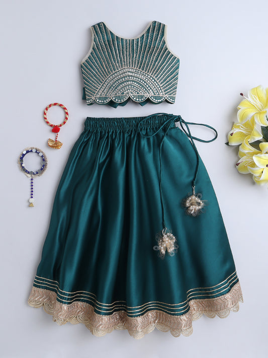 Green Embroidered Lehenga Choli Set for Girls