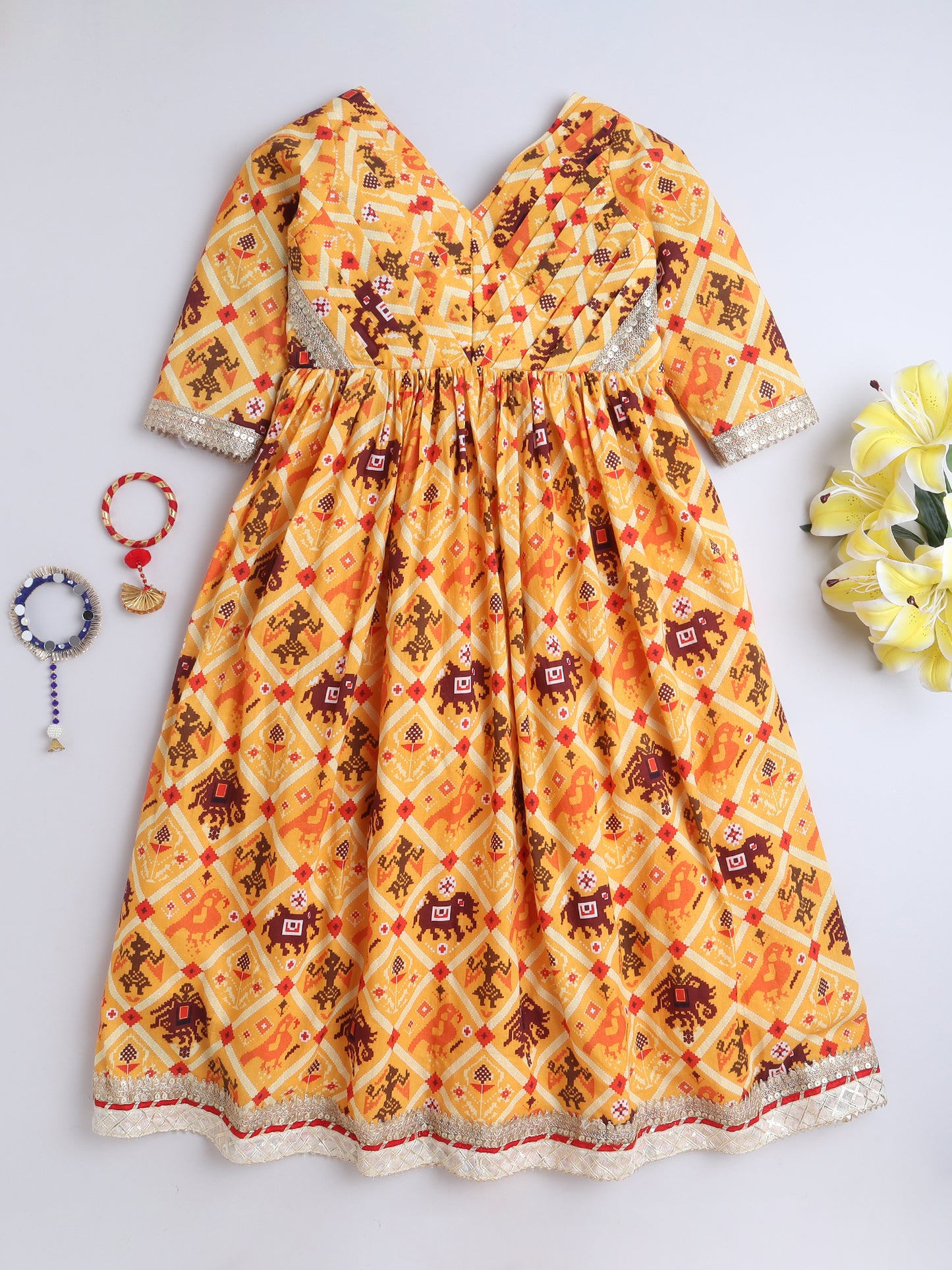 Yellow Patola Printed Dress For Girls
