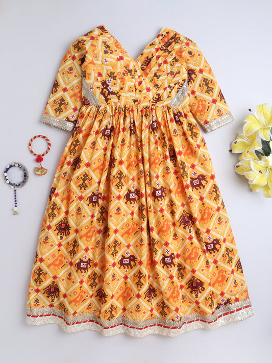 Yellow Patola Printed Dress For Girls
