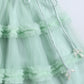 Close-up of a light green tulle skirt with floral details on a white background