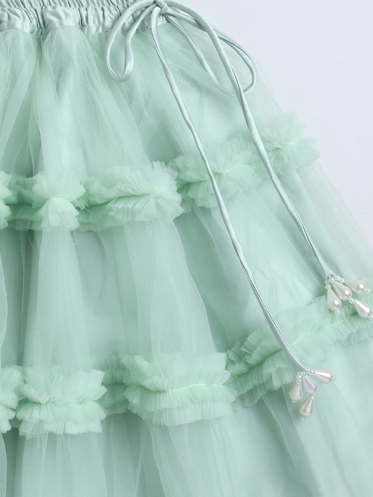 Close-up of a light green tulle skirt with floral details on a white background