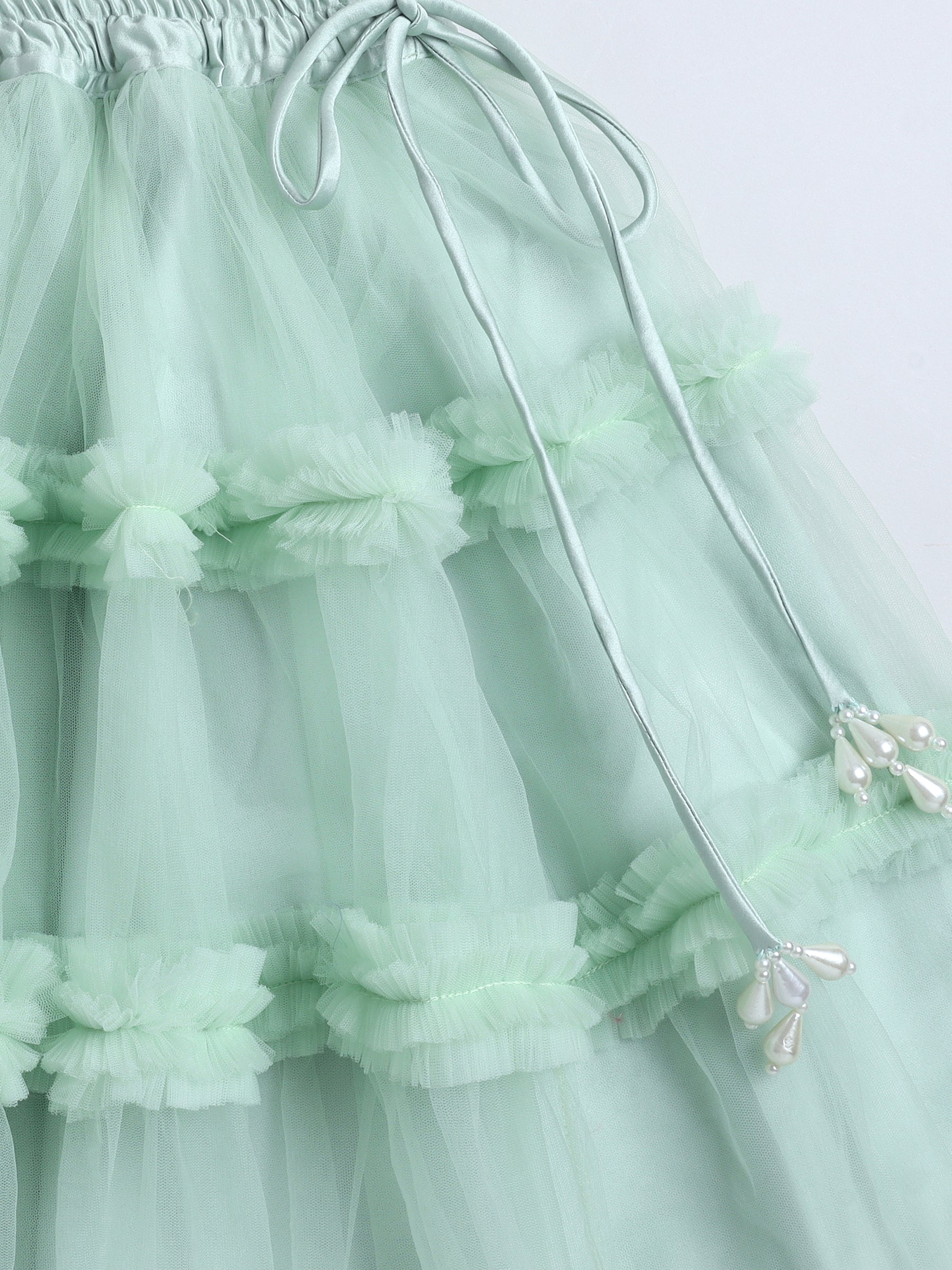 Close-up of a light green tulle skirt with floral details on a white background