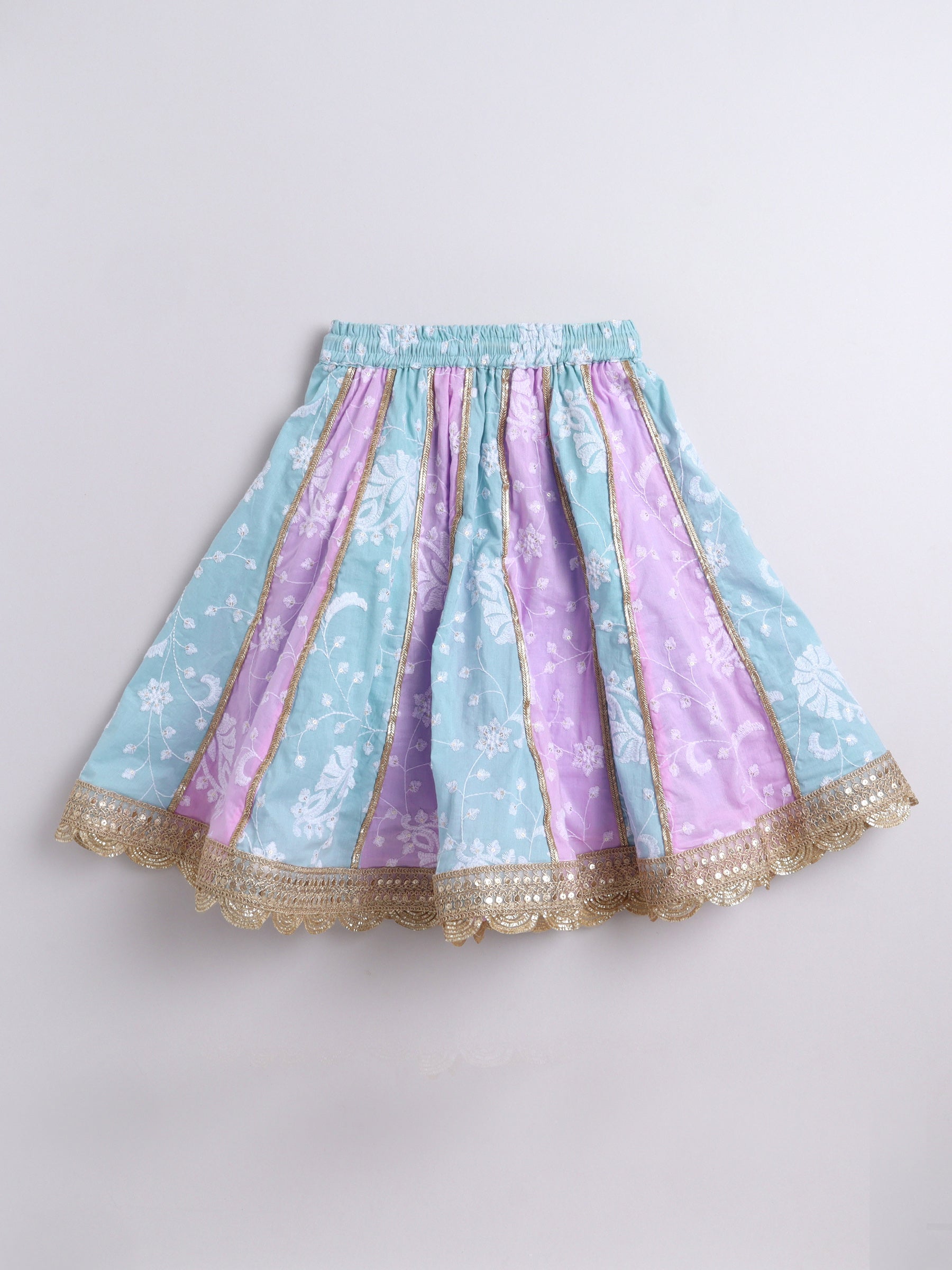 Skirt with pastel blue and purple pattern on a light gray background