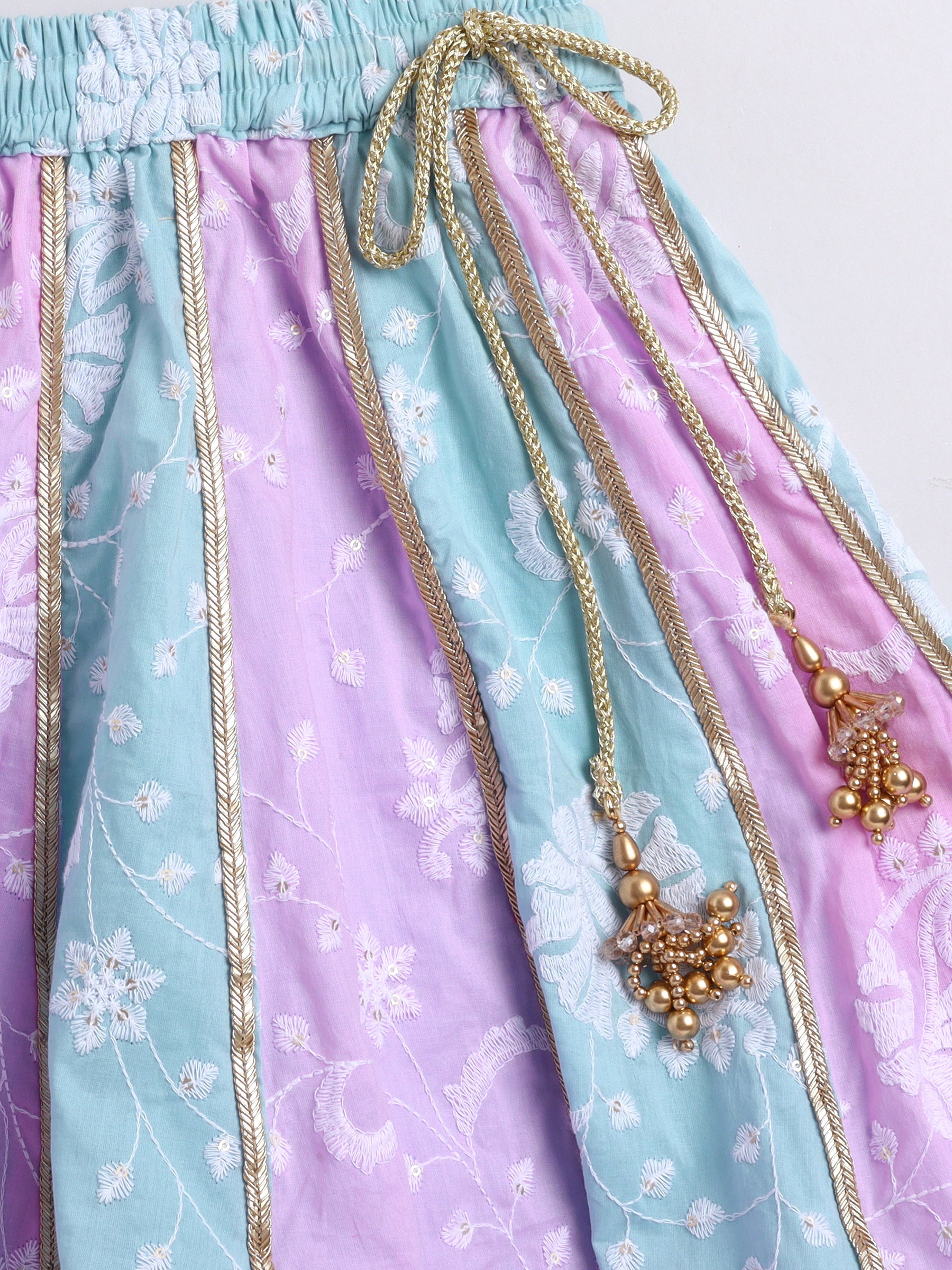 Colorful fabric with floral patterns and decorative elements on a white background
