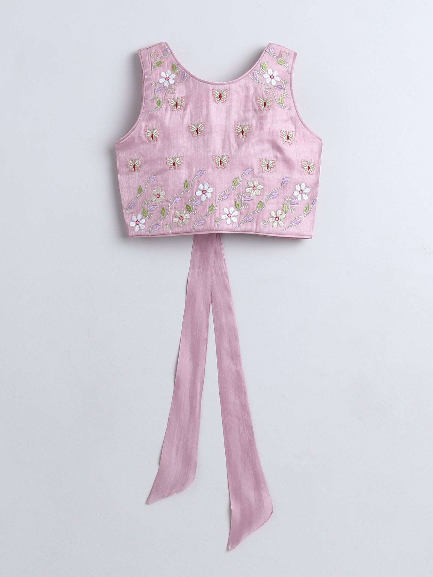 Pink embroidered crop top with a long tie on a light gray background